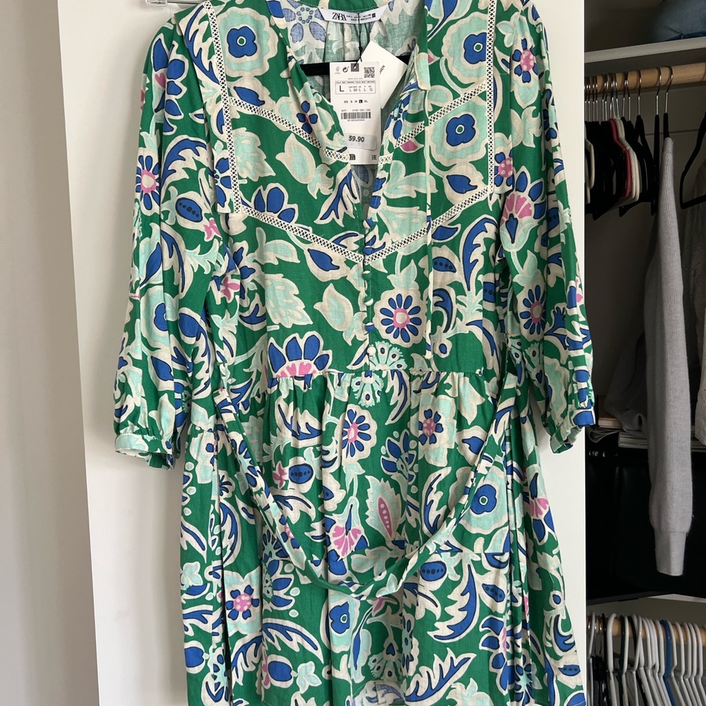 Zara Green Floral Mini Dress with Blue & Pink Accents